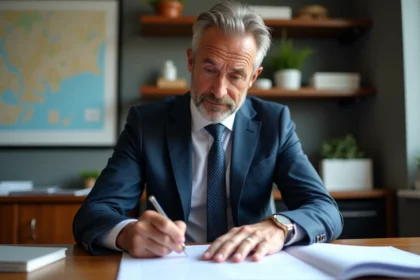 Homme d'affaires en costume examine un contrat immobilier