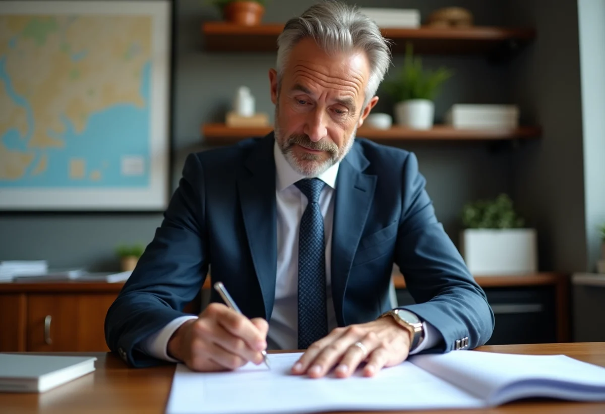 Homme d'affaires en costume examine un contrat immobilier