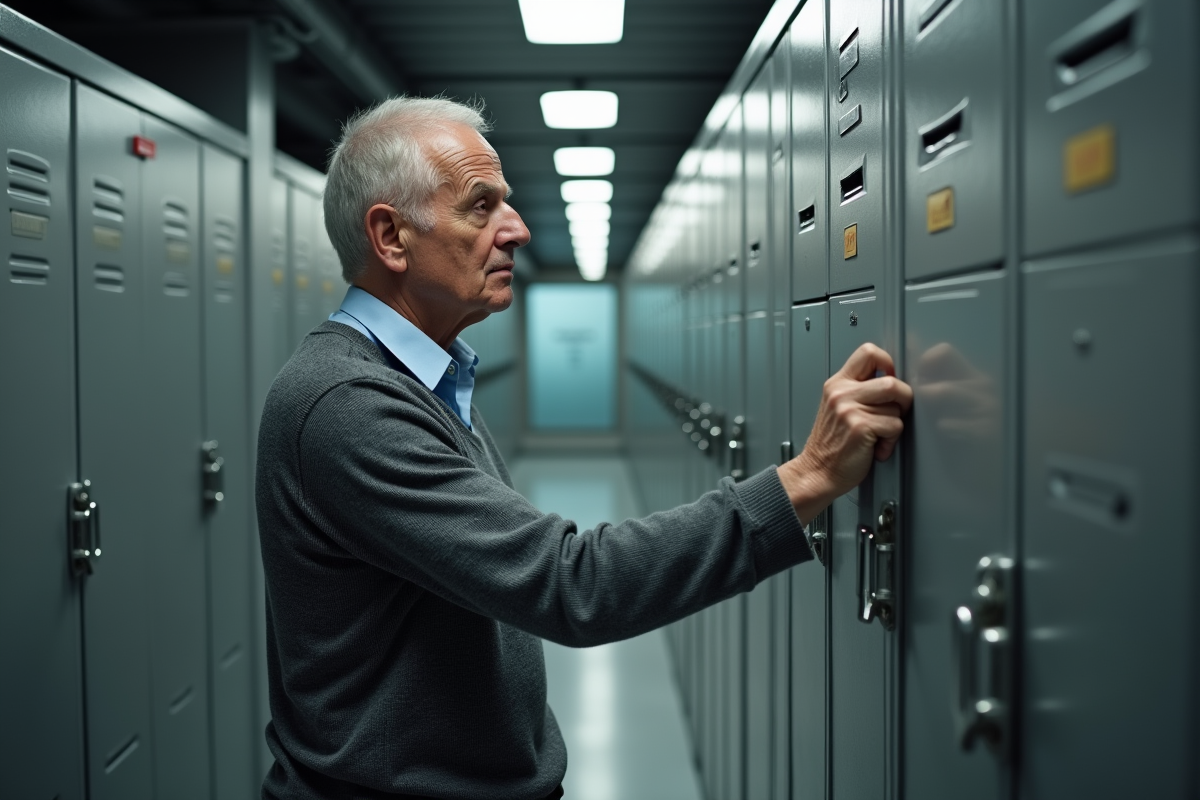 Homme d age verrouillant un classeur dans une salle d archives sécurisée
