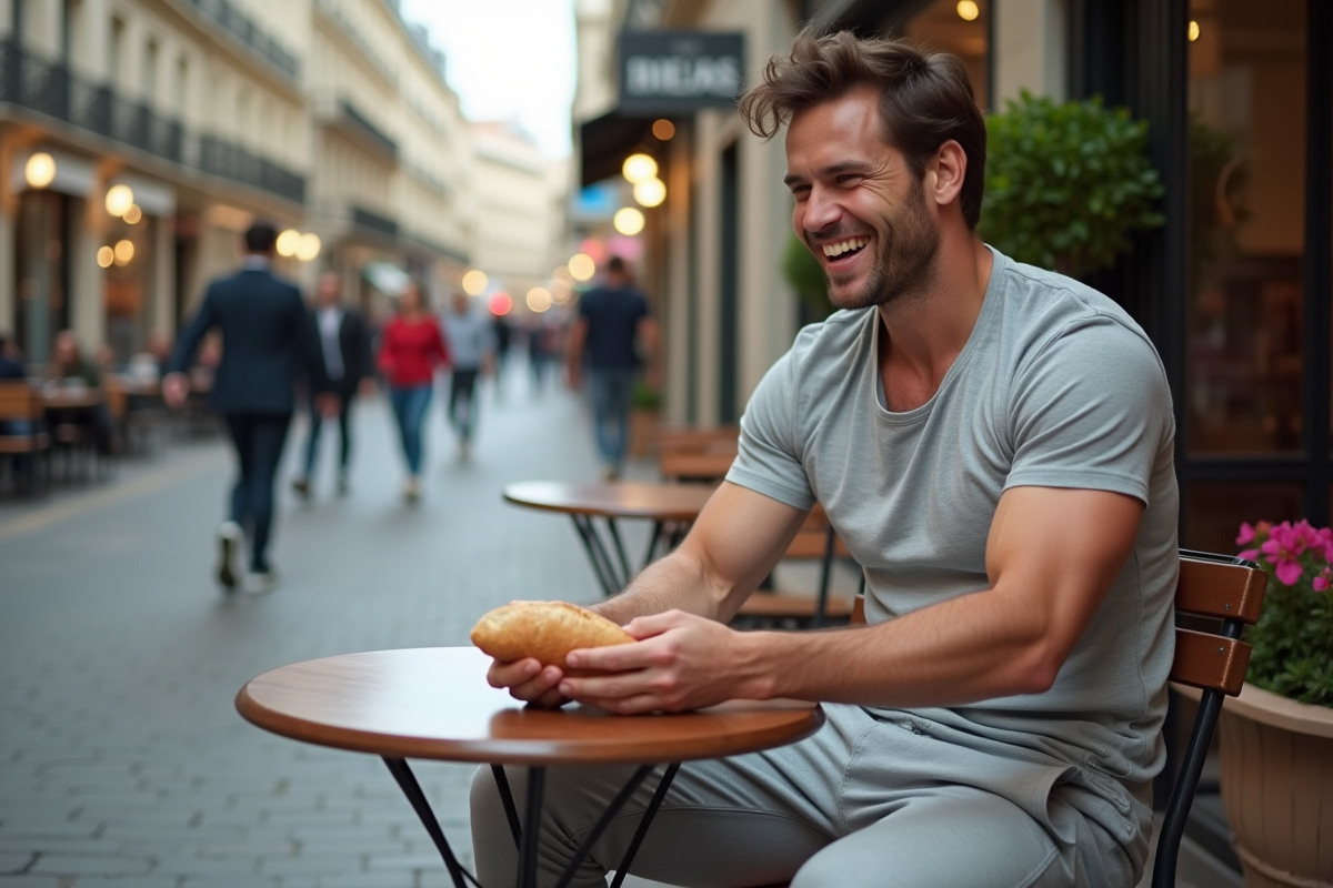 Homme riant en partageant une baguette au café parisien