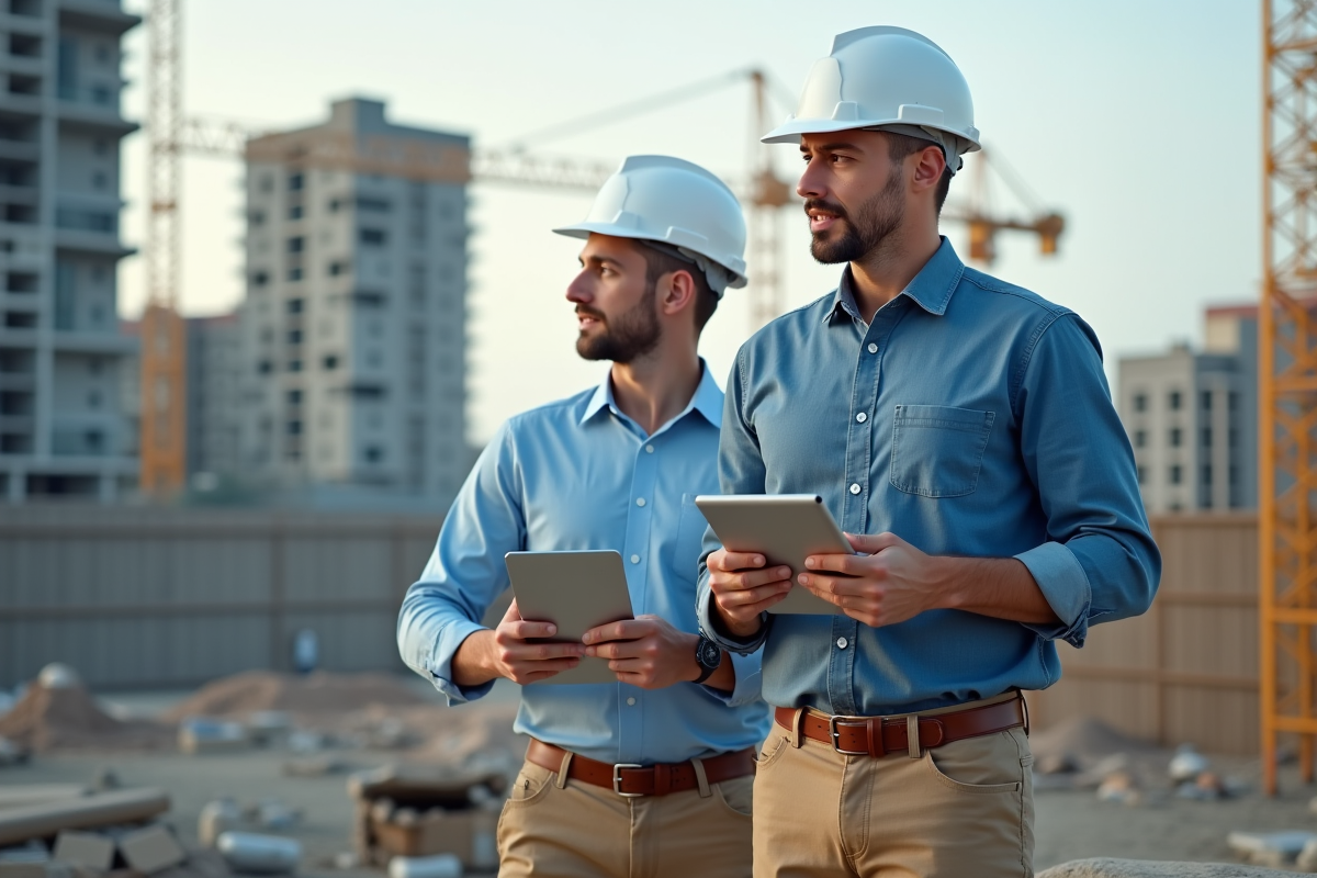 Homme en chemise discutant avec un entrepreneur sur un chantier