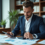 Homme en costume bleu examinant des documents financiers