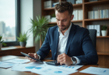 Homme en costume bleu examinant des documents financiers