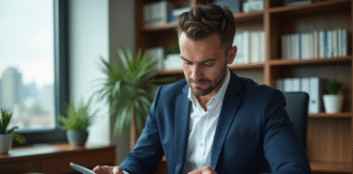 Homme en costume bleu examinant des documents financiers