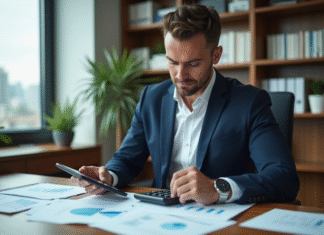 Homme en costume bleu examinant des documents financiers