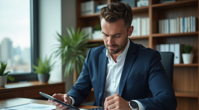 Homme en costume bleu examinant des documents financiers