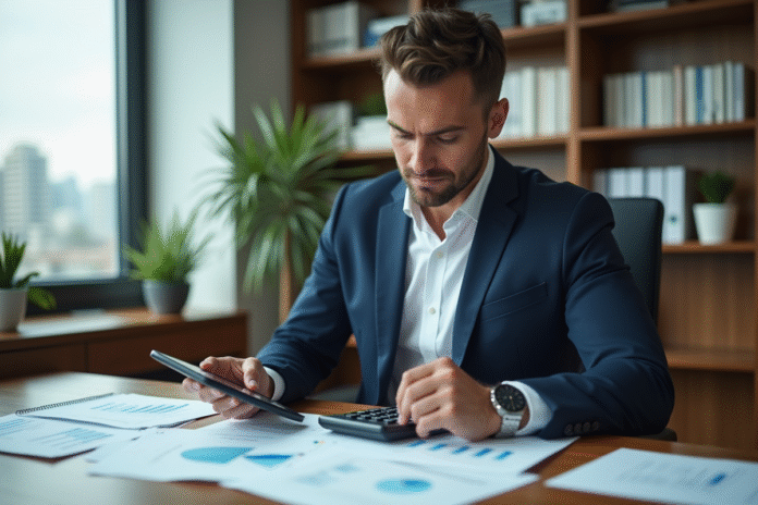 homme-finance-ordinateur-bureau Homme en costume bleu examinant des documents financiers