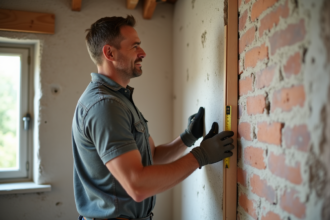 Homme mesurant une isolation mur en briques