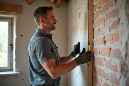 Homme mesurant une isolation mur en briques