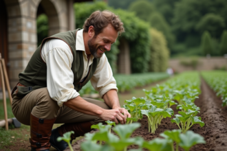 Homme du 17e siècle inspectant des semis dans un jardin ancien