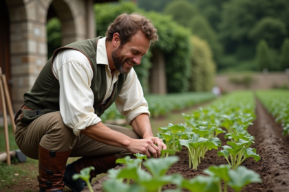 Homme du 17e siècle inspectant des semis dans un jardin ancien