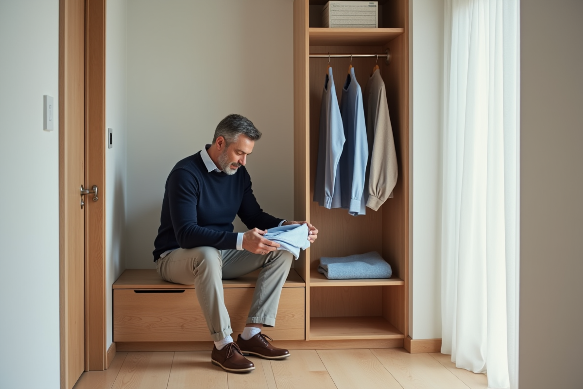 Homme pliant un vêtement dans une entrée scandinave