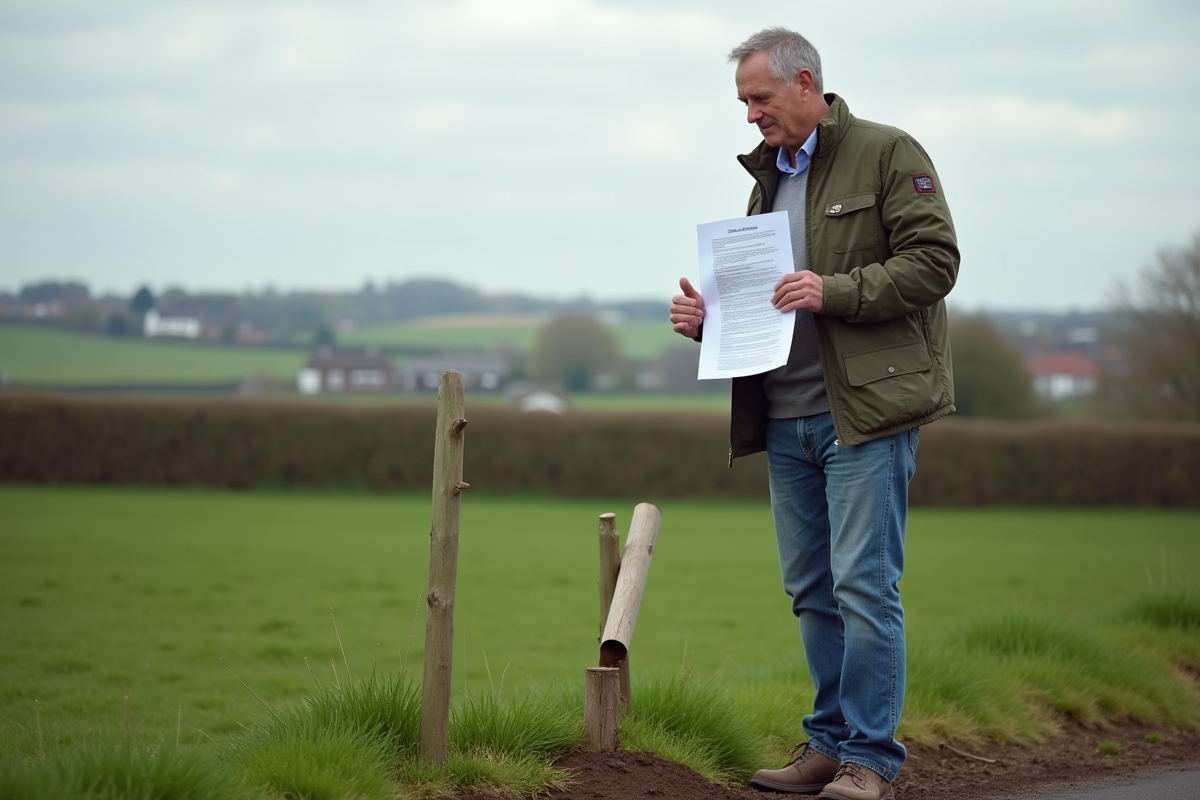 Homme examinant un poteau en terre près d'une propriété rurale