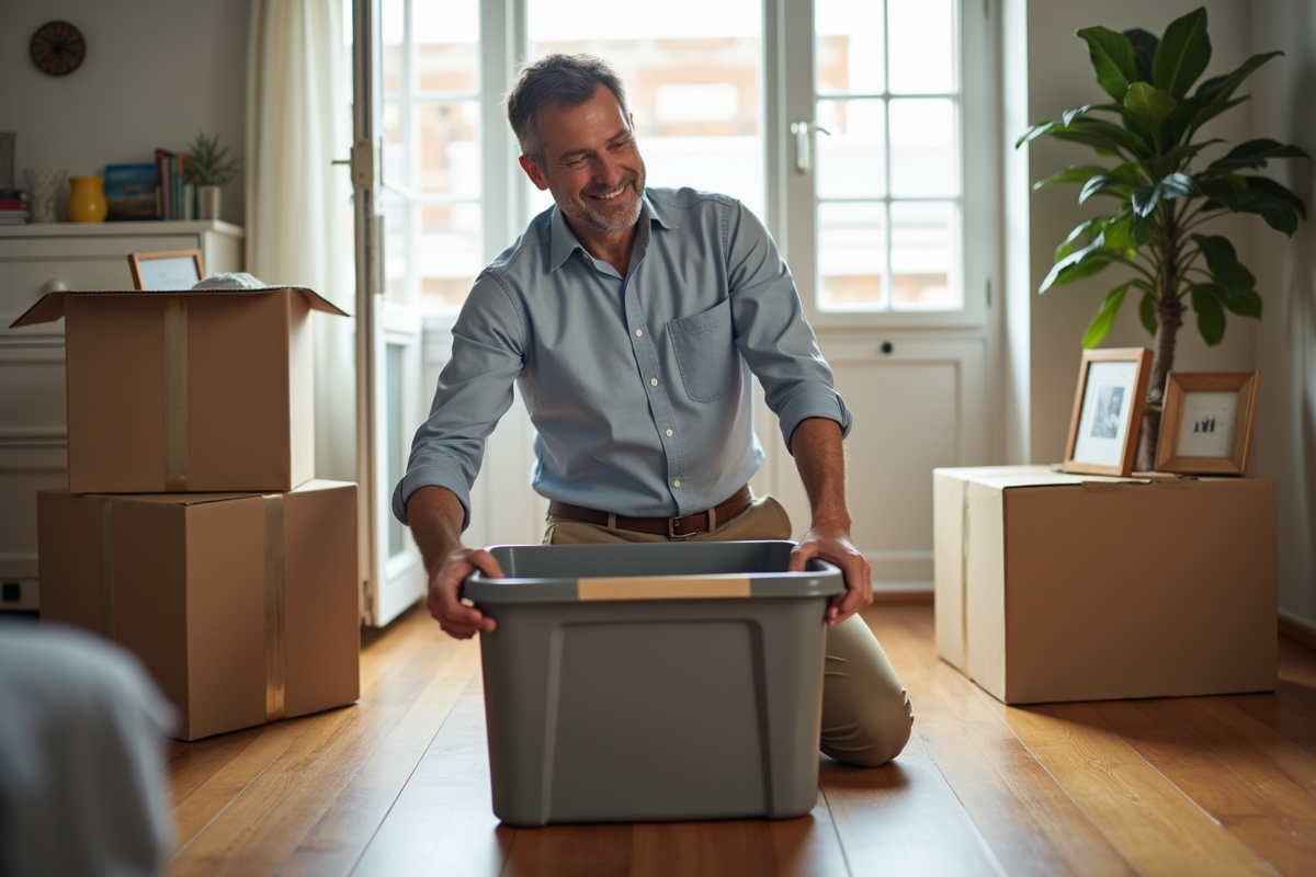 Homme scellant une boîte en plastique dans son appartement
