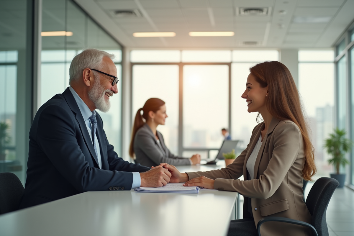 Homme senior recevant aide dans un bureau moderne et lumineux