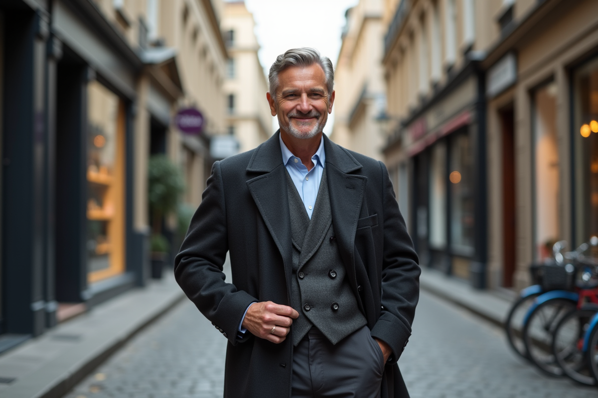 Homme distingué en manteau dans une rue pavée de ville européenne