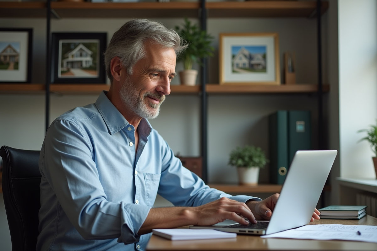 Homme au bureau à domicile tapant des informations fiscales sur son ordinateur
