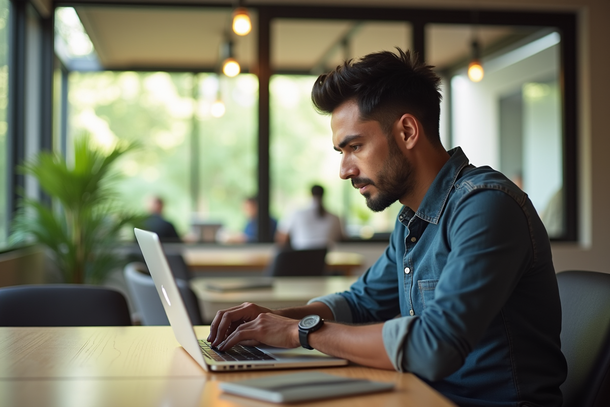 Homme confiant travaillant sur un ordinateur portable à Chiang Mai