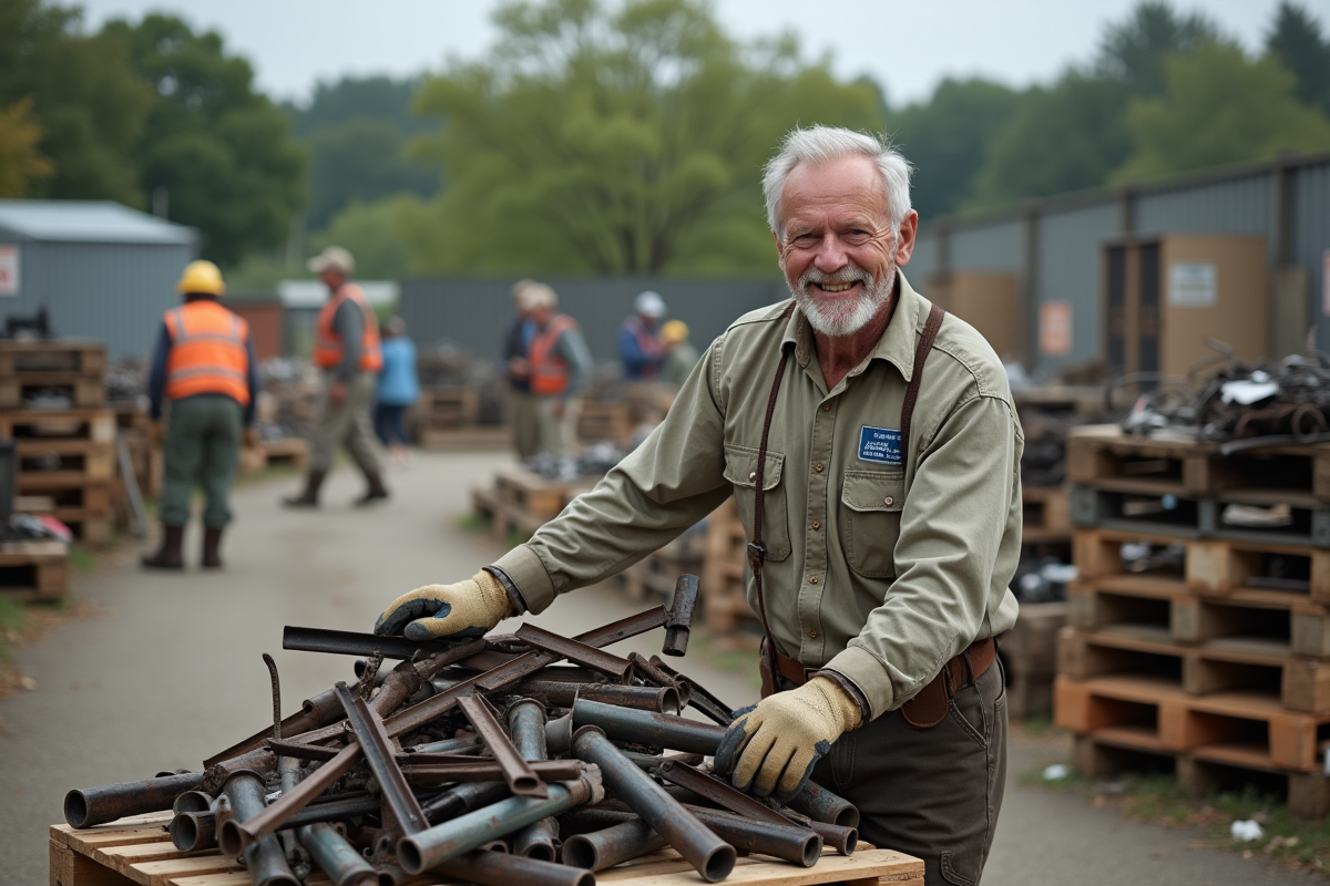 Homme âgé trie des pièces de métal dans un centre de recyclage