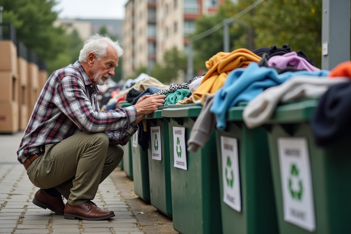 Homme âgé triant des vêtements usagés dans un centre de recyclage