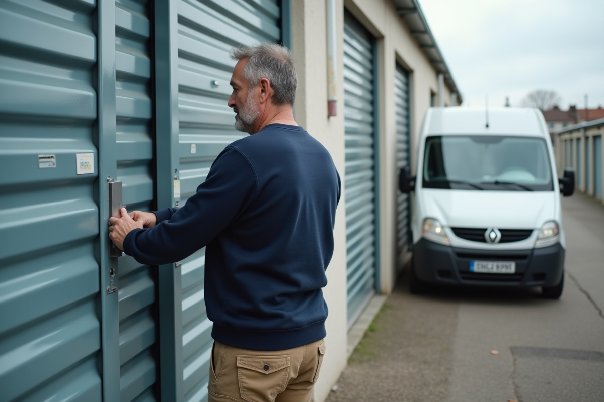 Homme verrouillant une porte de stockage en plein air a caen