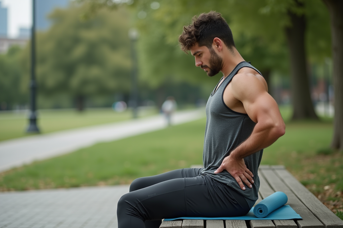 Homme en pause yoga dans un parc urbain