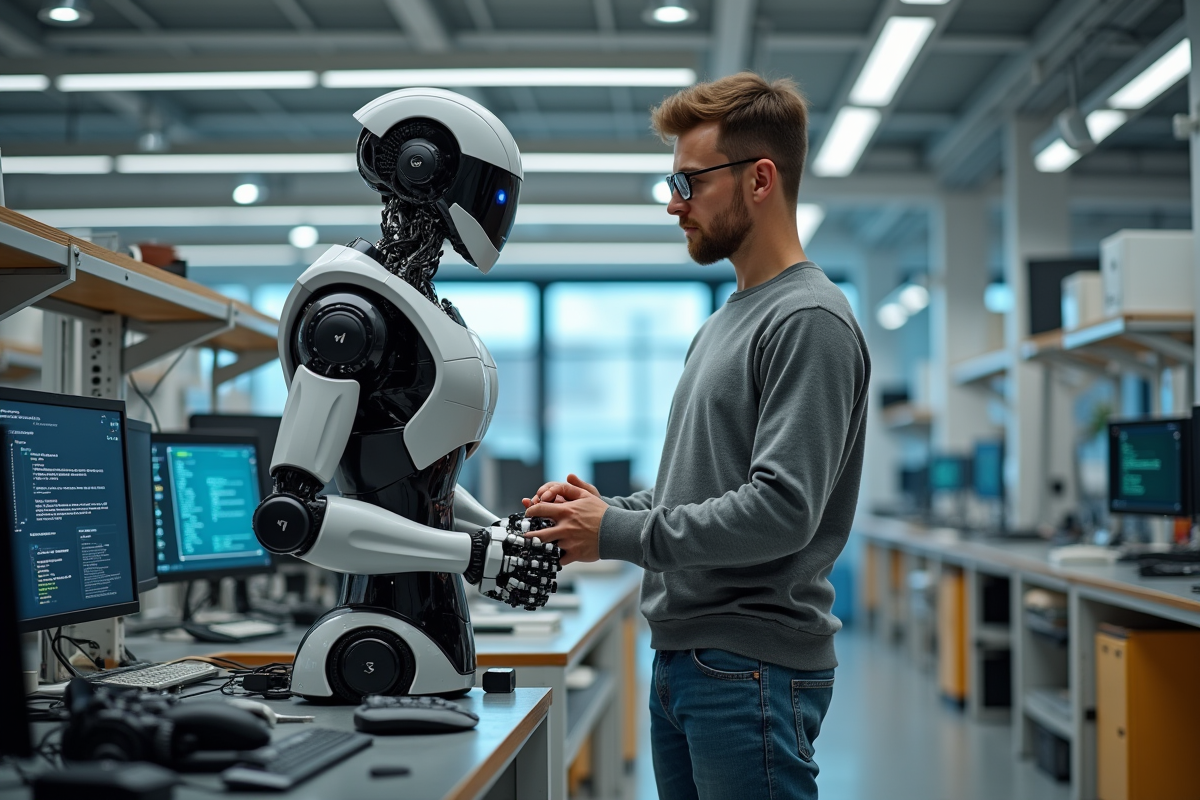 Jeune ingénieur en robotique avec un robot humanoide dans un laboratoire