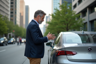Homme inspectant badge hybride sur une voiture en ville