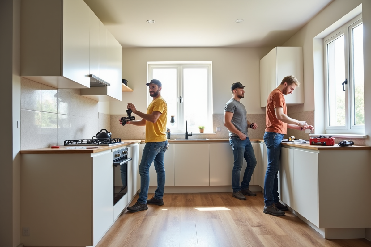 Équipe installant des meubles de cuisine dans une maison lumineuse