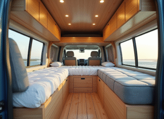 Intérieur organisé d'un van Peugeot Expert avec lit en bois et rangement