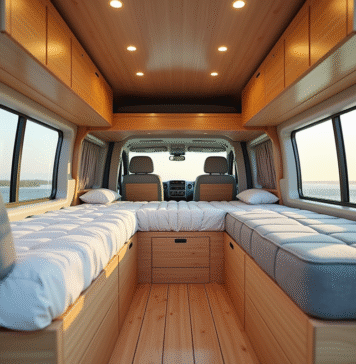 Intérieur organisé d'un van Peugeot Expert avec lit en bois et rangement
