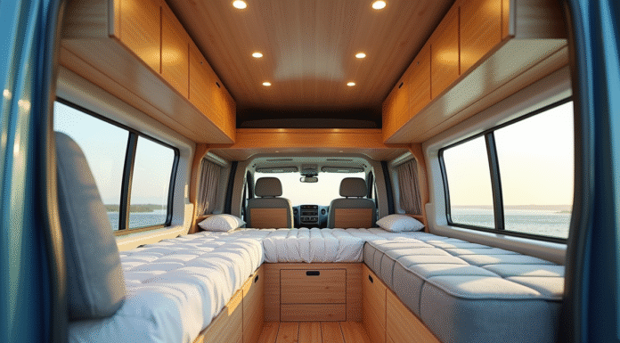 Intérieur organisé d'un van Peugeot Expert avec lit en bois et rangement