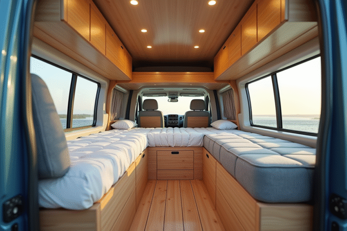interieur-van-peugeot-expert Intérieur organisé d'un van Peugeot Expert avec lit en bois et rangement