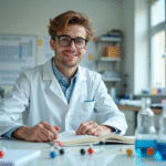 Jeune étudiant en chimie en laboratoire avec modèle moléculaire