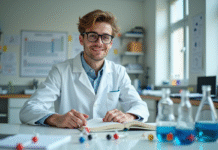 Jeune étudiant en chimie en laboratoire avec modèle moléculaire