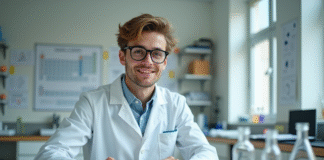 Jeune étudiant en chimie en laboratoire avec modèle moléculaire