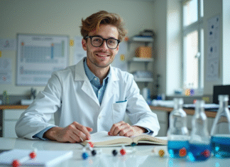 Jeune étudiant en chimie en laboratoire avec modèle moléculaire