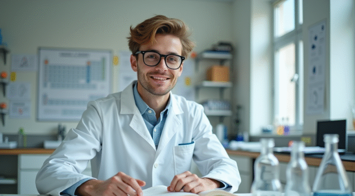 Jeune étudiant en chimie en laboratoire avec modèle moléculaire