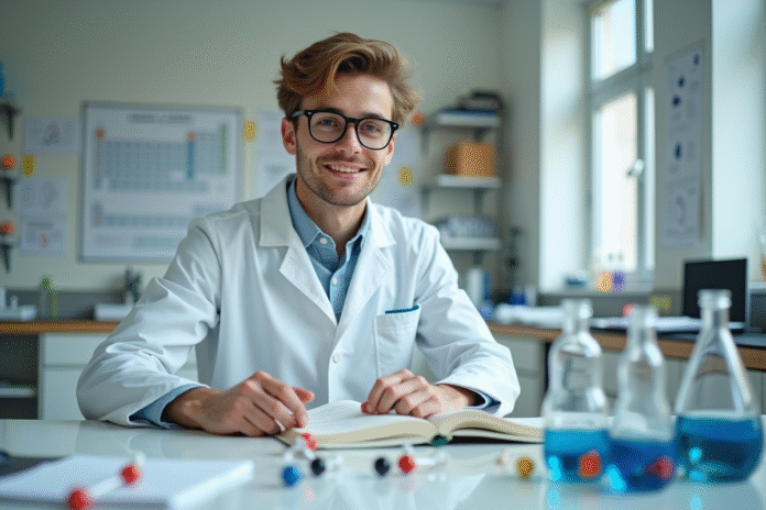 Jeune étudiant en chimie en laboratoire avec modèle moléculaire