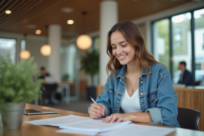 Jeune femme souriante dans une banque moderne