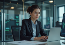 Métiers de la cybersécurité : focus sur ces professions stratégiques Jeune femme professionnelle travaillant sur un ordinateur dans un bureau moderne