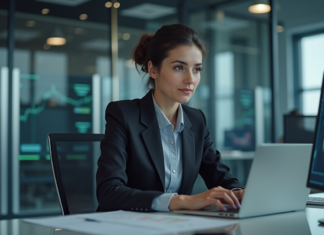 Métiers de la cybersécurité : focus sur ces professions stratégiques Jeune femme professionnelle travaillant sur un ordinateur dans un bureau moderne