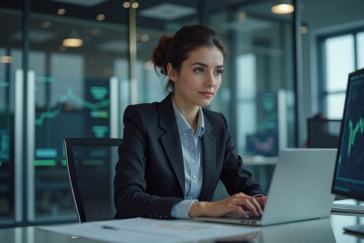 Jeune femme professionnelle travaillant sur un ordinateur dans un bureau moderne