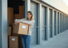 Jeune femme emballant des cartons dans un espace de stockage