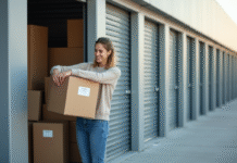 Jeune femme emballant des cartons dans un espace de stockage