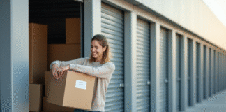 Comment choisir sa box de stockage pour un déménagement sans stress Jeune femme emballant des cartons dans un espace de stockage
