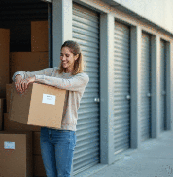 Jeune femme emballant des cartons dans un espace de stockage