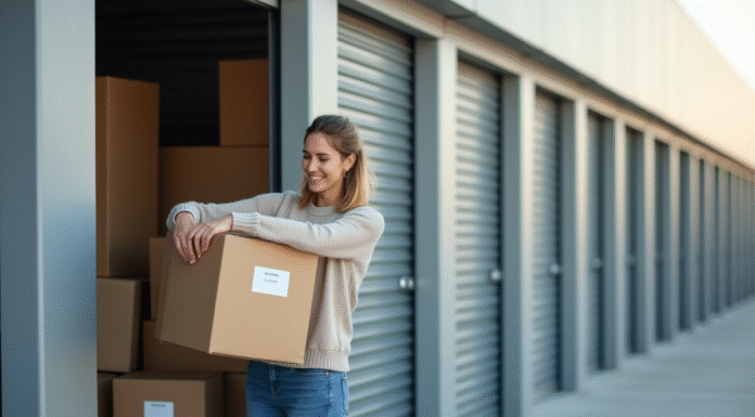 Jeune femme emballant des cartons dans un espace de stockage