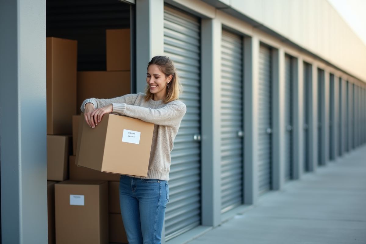 Jeune femme emballant des cartons dans un espace de stockage