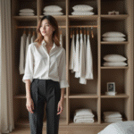 Garde-robe minimaliste : le nombre idéal de pièces pour un dressing épuré Jeune femme organisée devant un placard minimaliste
